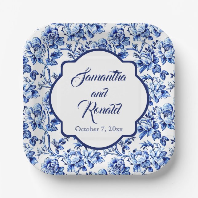 Elegant Blue White Floral Toile Hochzeit Pappteller (Vorderseite)
