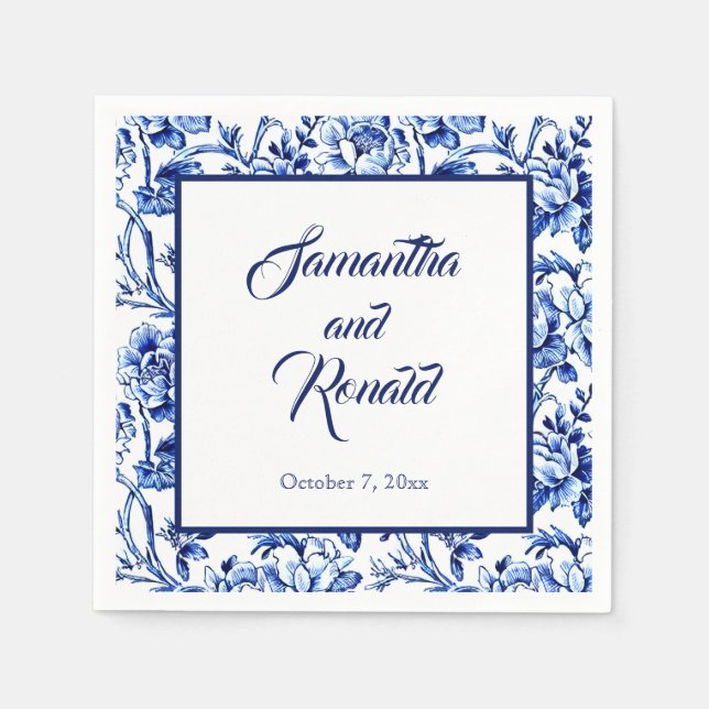 Elegant Blue White Floral Toile Hochzeit Serviette (Vorderseite)