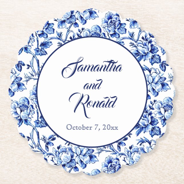 Elegant Blue White Floral Toile Hochzeit Untersetzer (Vorderseite)