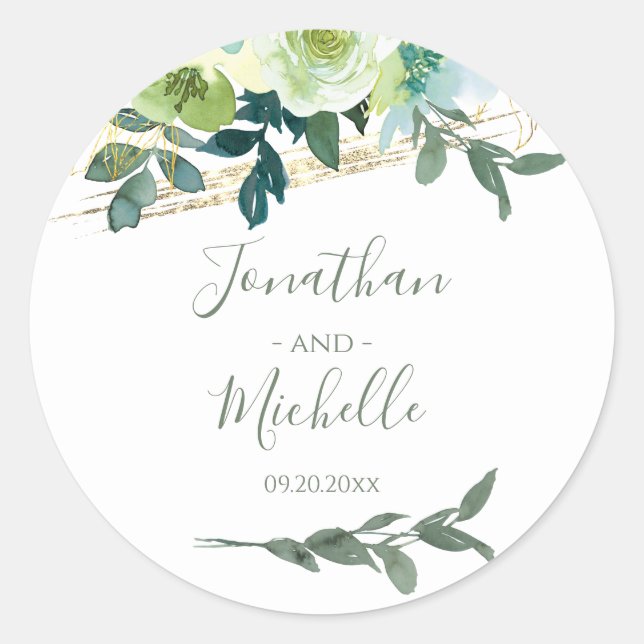 Elegant Blue White Gold Türkise Floral Wedding Runder Aufkleber (Vorderseite)