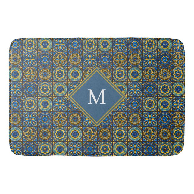 Elegant blue& white Moroccan custom monogram Badematte (Vorderseite)