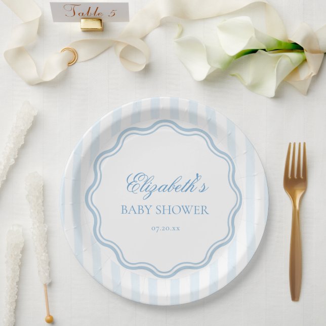 Elegant Blue White Stripes Wavy Scalloped Frame  Pappteller (Hochzeit)