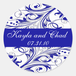 Elegant Blue White Verziert Blüh Wedding Runder Aufkleber