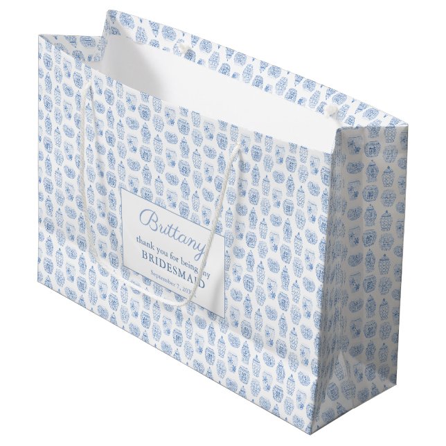 Elegant Blue & White Wedding Bridesmaid Vielen Dan Große Geschenktüte (Vorderseite Schrägansicht)