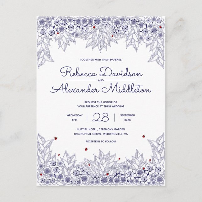 Elegant Blue White Wedding Einladungspostkarte (Vorderseite)