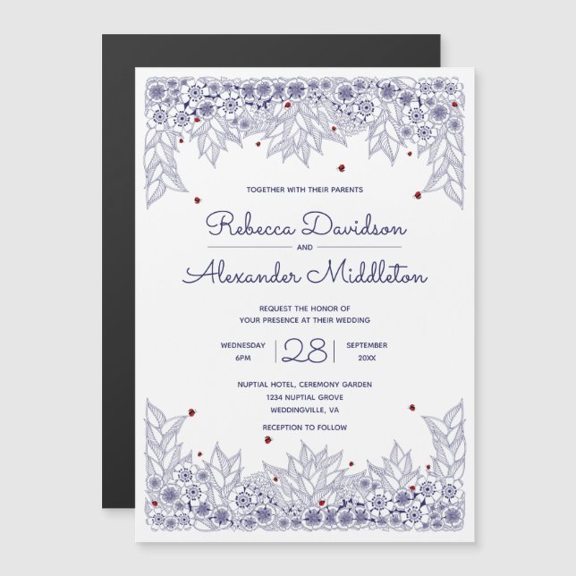 Elegant Blue White Wedding Magneteinladung (Vorne/Hinten)
