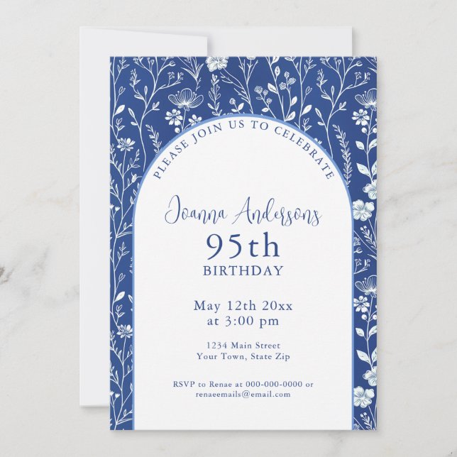 Elegant Blue Wildblume 95. Geburtstagsparty Einladung (Vorderseite)