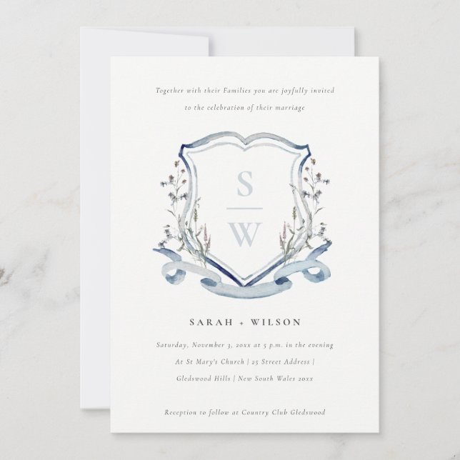 Elegant Blue Wildblume Monogram Wappen Wedding Einladung (Vorderseite)