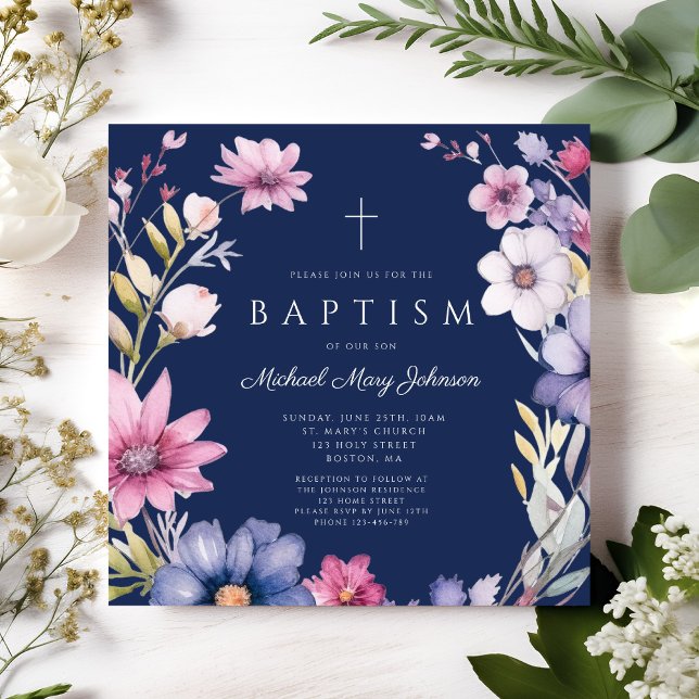 Elegant Blue Wildblume Wreath Boy Baptisse Einladung (Elegant Blue Wildflower Wreath Boy Baptism Invitation)