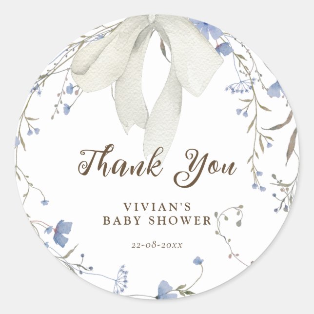 Elegant Blue Wildblumen Coquette Bow Baby Dusche Runder Aufkleber (Vorderseite)