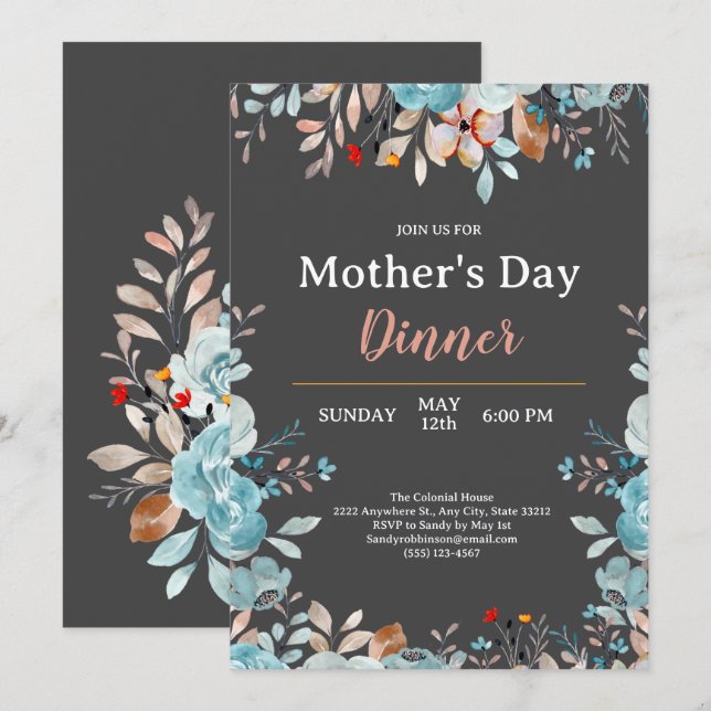 Elegant Blue Wildblumen Mint Mother Day Dinner Einladung (Vorne/Hinten)