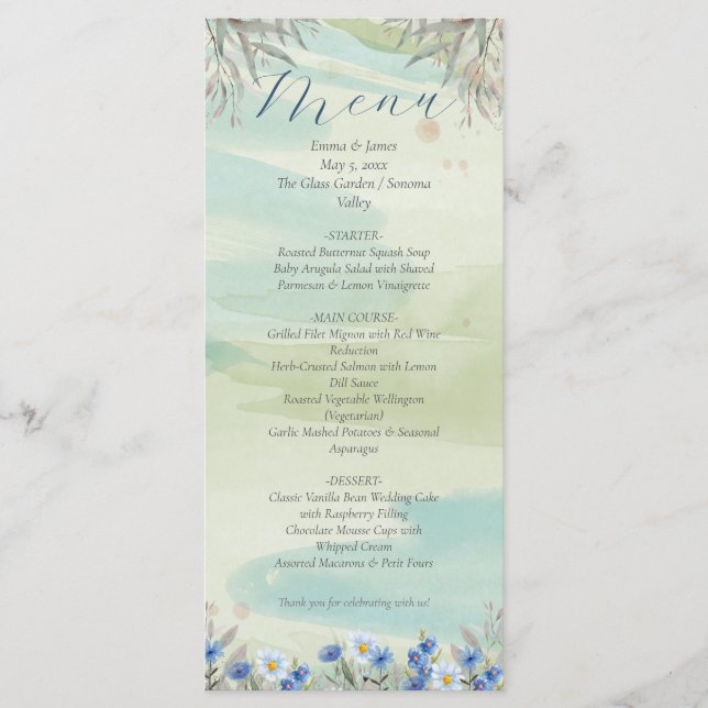 Elegant Blue Wildflower Frame Wedding Menu Card Menükarte (Vorderseite)