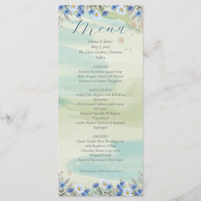 Elegant Blue Wildflower Frame Wedding Menu Card Menükarte (Vorderseite)
