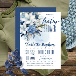 Elegant Blue Winter Floral Boy Baby Shower Einladung