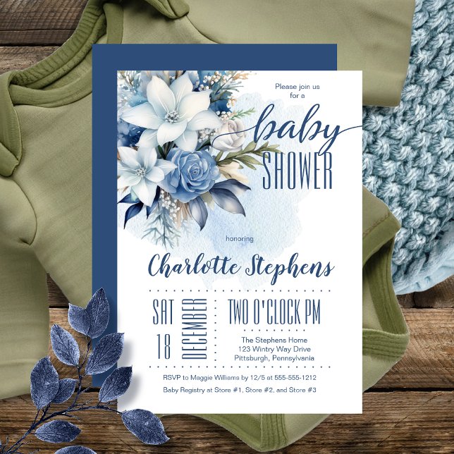 Elegant Blue Winter Floral Boy Baby Shower Einladung (Elegant Blue Winter Floral Boy Baby Shower Invitation )