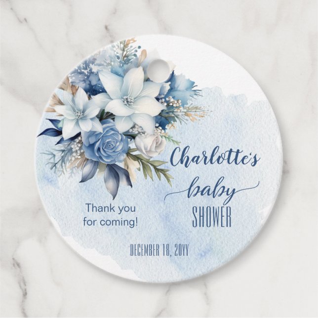 Elegant Blue Winter Floral Boy Baby Shower Geschenkanhänger (Vorderseite)