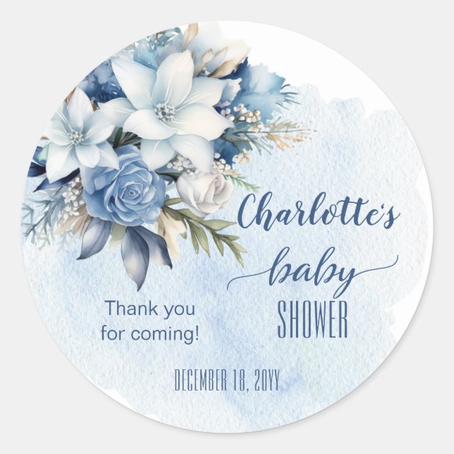 Elegant Blue Winter Floral Boy Baby Shower Runder Aufkleber (Vorderseite)