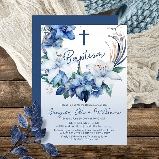 Elegant Blue Winter Floral Boy Taufe Einladung (Elegant Blue Winter Floral Boy Baptism Invitation)