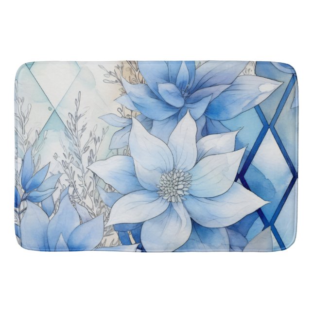 Elegant Blue Winter Florals Badematte (Vorderseite)