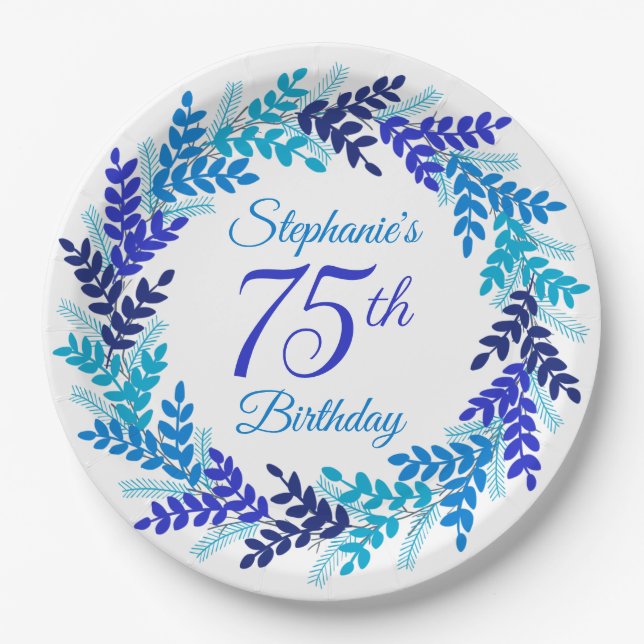 Elegant Blue Wreath 75. Geburtstag Pappteller (Vorderseite)
