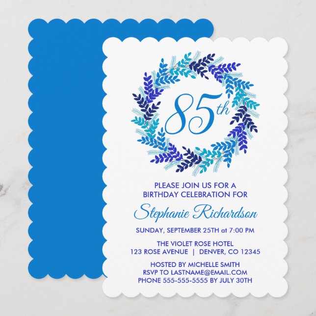 Elegant Blue Wreath 85. Geburtstagsparty Einladung (Vorne/Hinten)