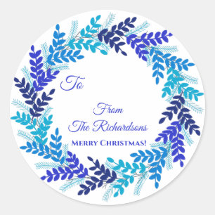 Elegant Blue Wreath Name Weihnachtsgeschenk Sticke Runder Aufkleber