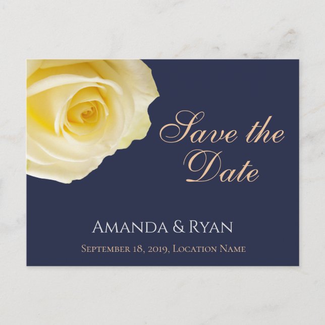 Elegant Blue Yellow Rose Wedding Save the Date Ankündigungspostkarte (Vorderseite)