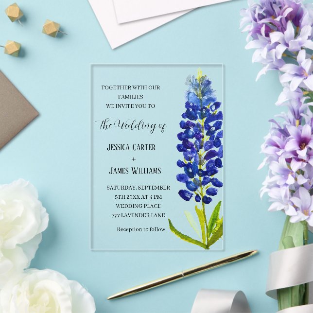 Elegant Bluebonnet Texas Watercolor Floral Wedding Acryleinladungen (In Situ (Hochzeit))