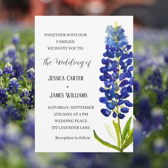 Elegant Bluebonnet Texas Watercolor Floral Wedding Einladung (Von Creator hochgeladen)