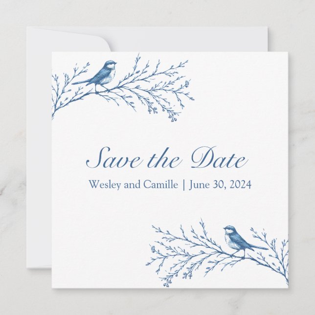 Elegant Bluejays auf einer Zweigniederlassung Save The Date (Vorderseite)