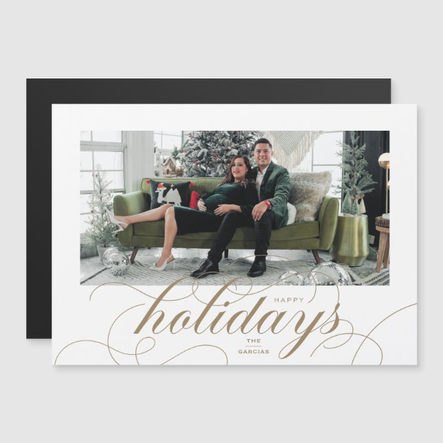 Elegant Blühe formale Script Holiday Foto Card Magneteinladung (Vorne/Hinten)
