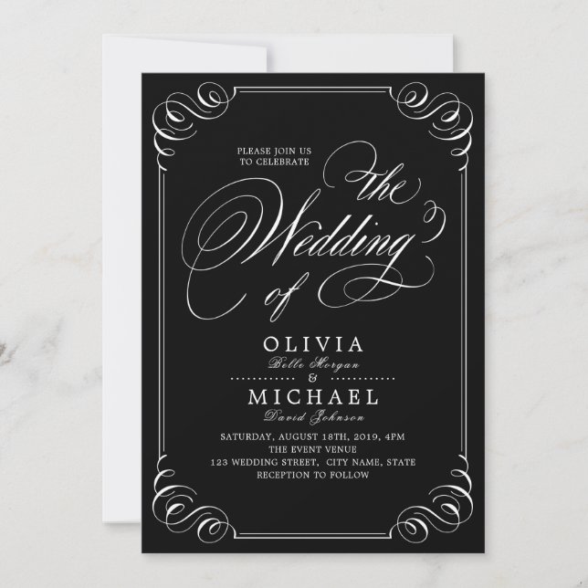 Elegant blühend Kalligraphie-Jahrgang Hochzeit Einladung (Vorderseite)
