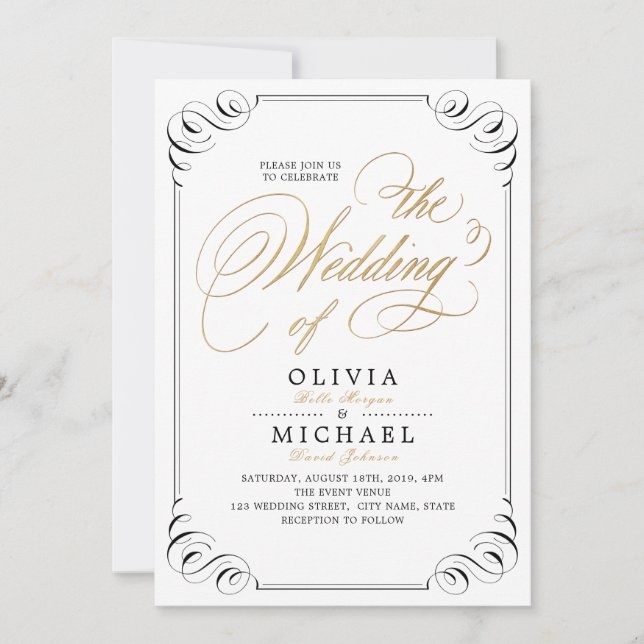 Elegant blühend Kalligraphie-Jahrgang Hochzeit Einladung (Vorderseite)