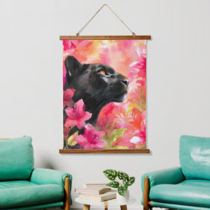 Elegant blühende Wildblume Schwarzer Panther Wandteppich Mit Holzrahmen