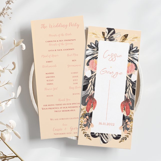 Elegant Blush & Black Floral Wedding Program Card Einladung (Elegant Blush & Black Floral Wedding Program Card)