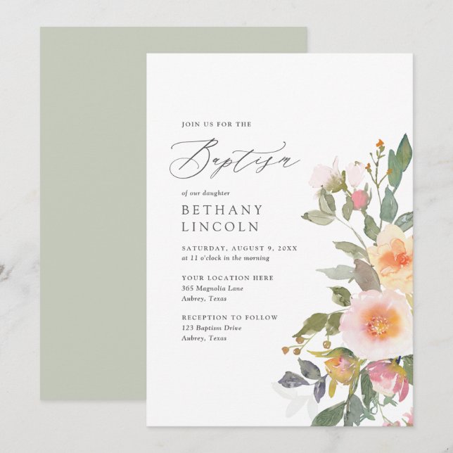 Elegant Blush Blumengrün Girl Taufe Einladung (Vorne/Hinten)