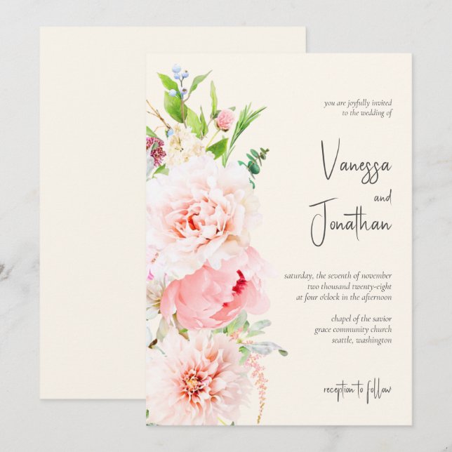 Elégant Blush et Ivory Floral Invitation (Devant / Derrière)