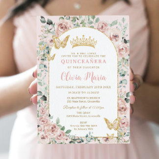 Elegant Blush Floral Butterflies Gold Quinceañera Einladung