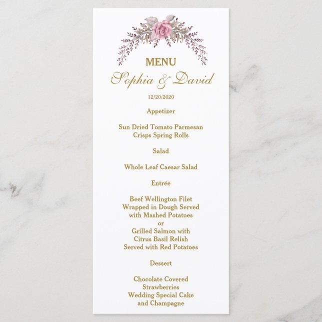 Elégant Blush Floral Gold Frame Menu Mariage (Devant)