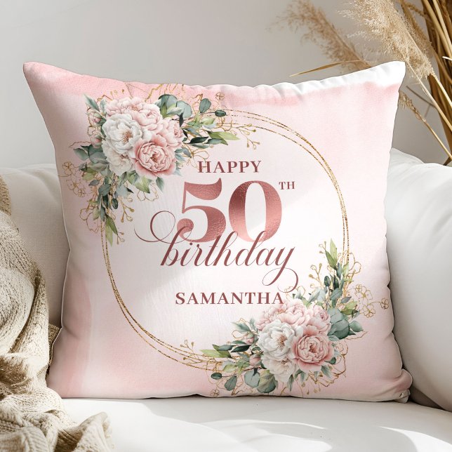 Elegant Blush Floral Greenery 50th Pillow Gift Kissen (Elegant Blush Floral Greenery 50th Pillow Gift)
