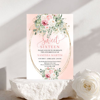 Elegant Blush Floral Greenery Sweet 16 Invitation Einladung