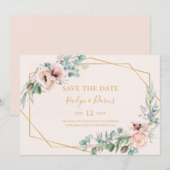 Elegant Blush Floral | Horizontal pastel Save The Date (Vorne/Hinten)