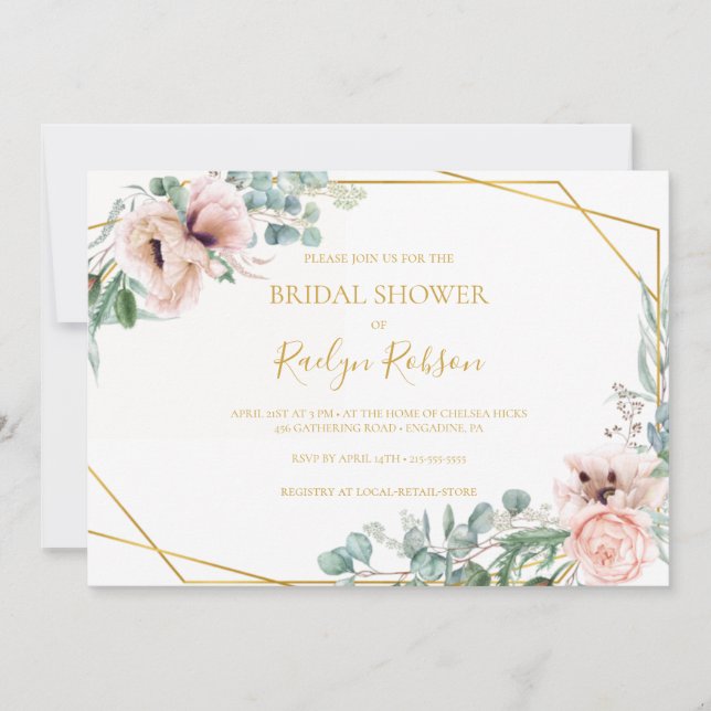 Elegant Blush Floral | Horizontales Brautparty Einladung (Vorderseite)