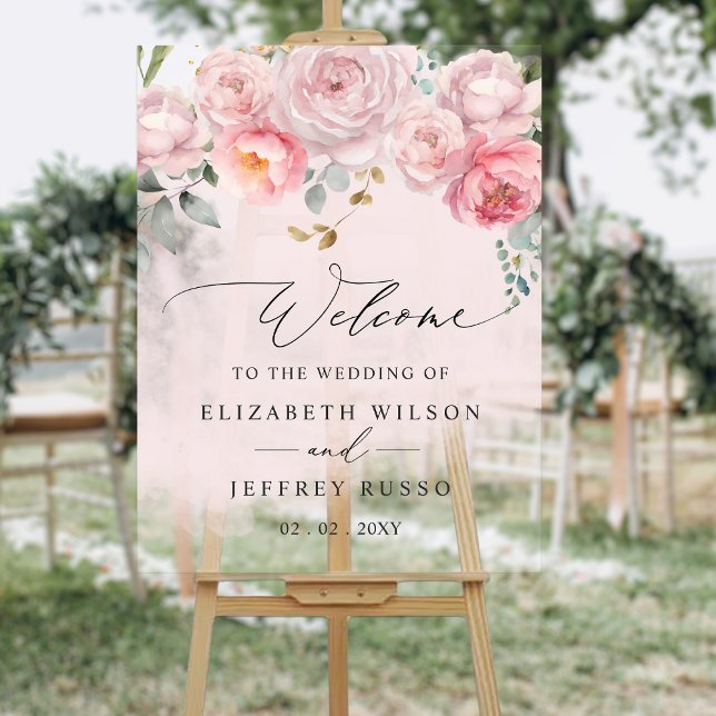 Elégant Blush Floral Mariage Affiche de bienvenue (Elegant Blush Floral Wedding Welcome Sign)