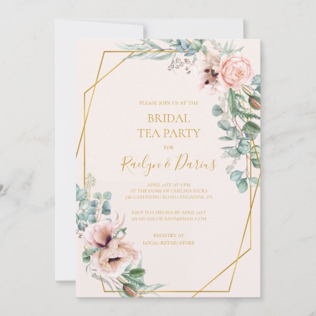 Elegant Blush Floral | Pastel Bridal Tee Party Einladung (Vorderseite)