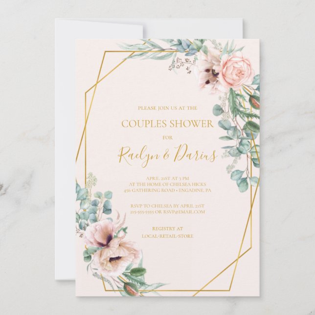 Elegant Blush Floral | Pastel Couples Dusche Einladung (Vorderseite)