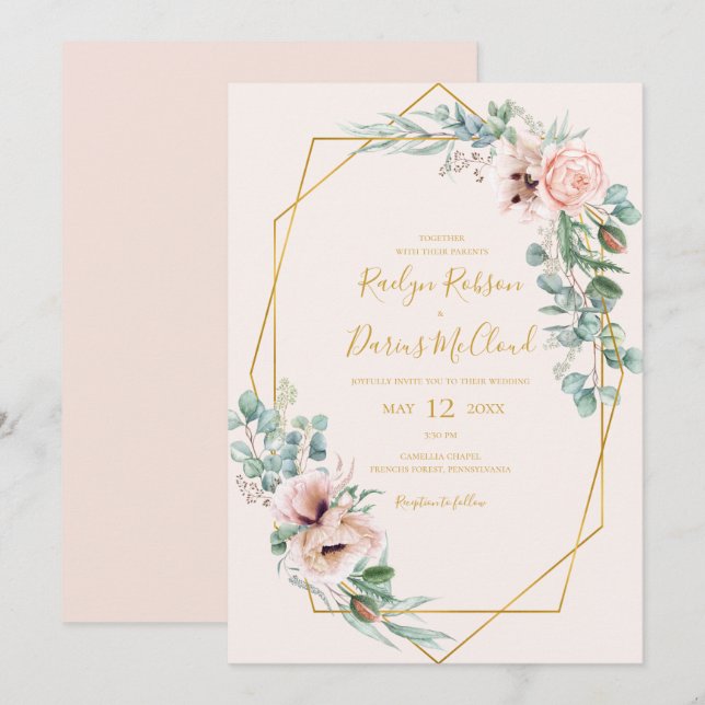 Elegant Blush Floral | Pastel Lässig Wedding Einladung (Vorne/Hinten)