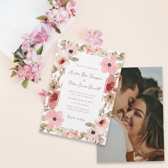 Elegant Blush Floral Photo Wedding Invitation Einladung (Elegant Blush Floral Photo Wedding Invitation)
