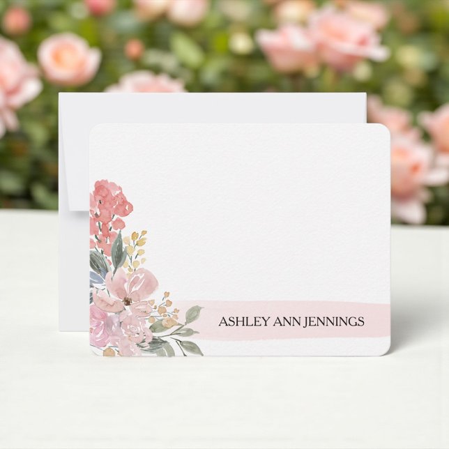 Elegant Blush Floral Pink Personalized Mitteilungskarte (Blush floral watercolor personalized notecard with elegant bouquet)