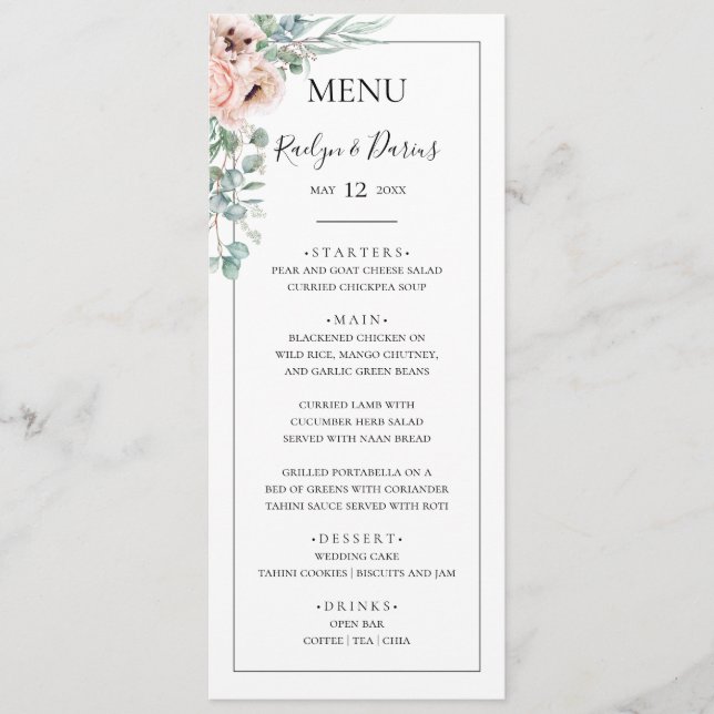 Elegant Blush Floral | Schwarzer Rahmen Hochzeitse Menükarte (Vorderseite)